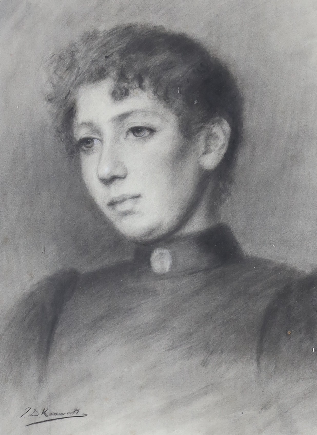 John Dalzell Kenworthy (1858-1954), charcoal and chalk, Portrait of a young lady, signed, 49 x 36cm